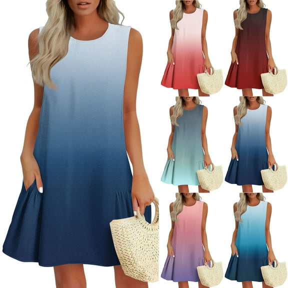 SMihono Sleeveless Gradient Swing Dress for Women Casual Loose Summer Beach Dresses Lightweight Flowy Ombre Tank Mini Sundress Pink M