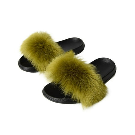 

Ferndule Women Open Toe Fuzzy Slippers Summer Beach Cozy Flat Sandals Casual Slip On Plush Slipper Green 9.5-10