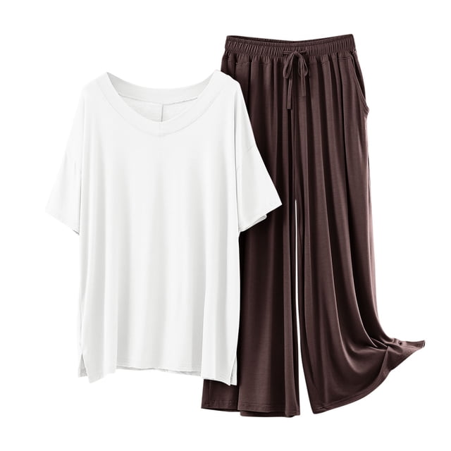 Pyjama en Modal pour Femmes Ensemble de Nuit Deux Pièces Manches Courtes Hauts Pantalons Larges Longs Automne Été Pjs Pyjama Marron, G