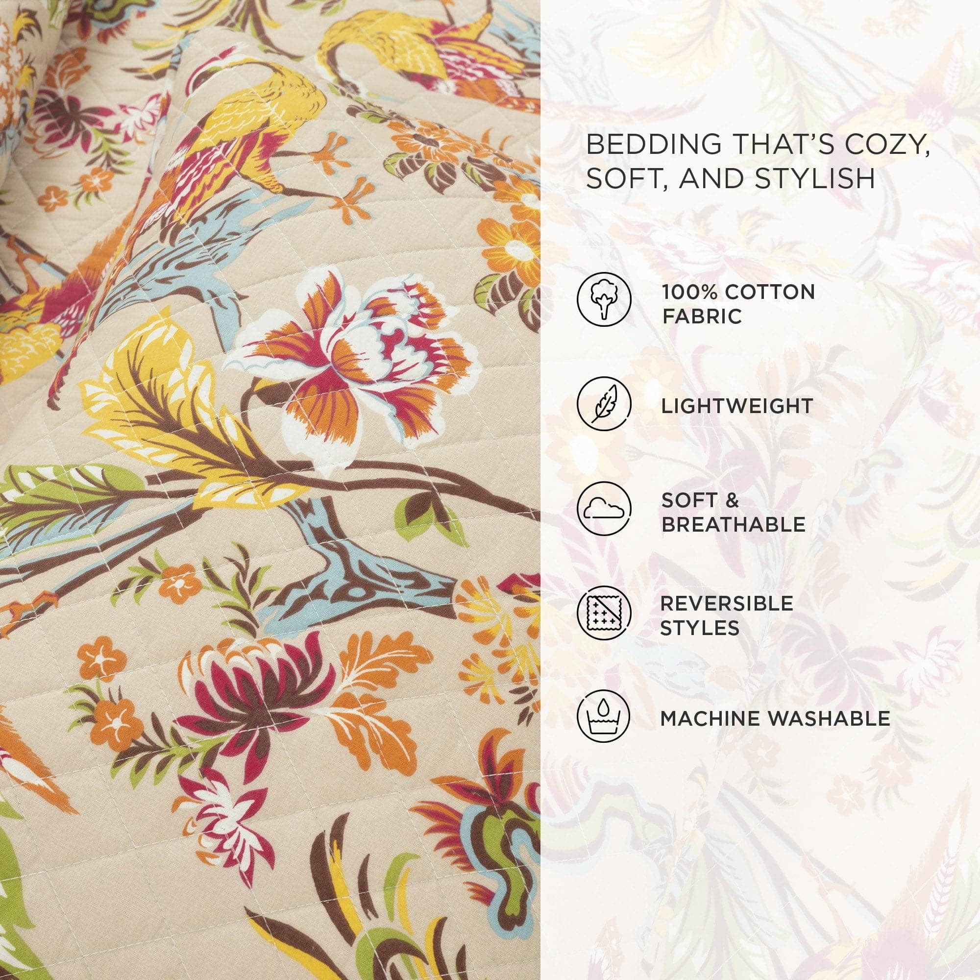 Lush Decor Dolores Nature Cotton Reversible Quilt, King, Yellow/Blue, 3-Pc Set