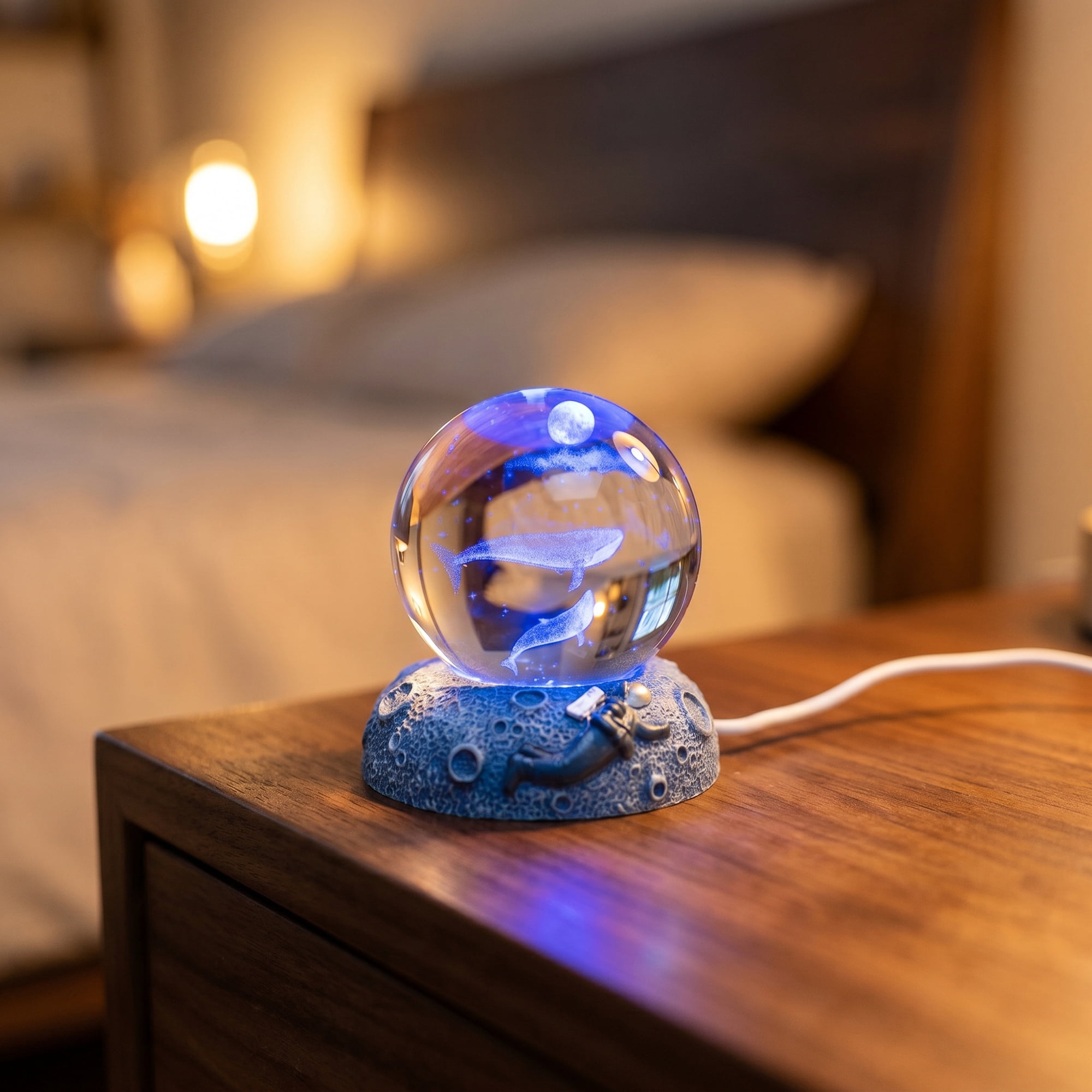 Unique Bargains Glowing Crystal Ball 3D Glass Ornament with LED Light Base Blue Style I