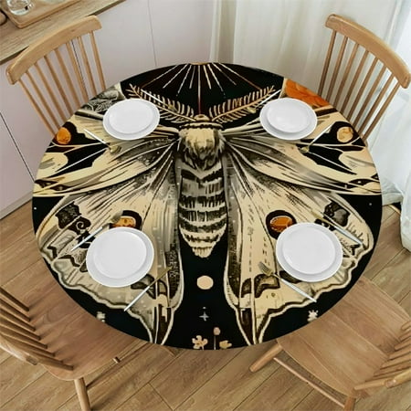 

Patifu Moth Crescent Moon Flowers Round Table Cover Stain Resistant Washable for Indoor Outdoor Tablecloth Kitchen Dining Wedding Parties 100% Polyester with Elastic Edge Tablecloth 38 -42