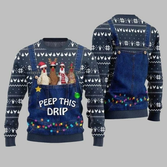 2025 Christmas Chicken Peep This Drip 3D Christmas Sweater