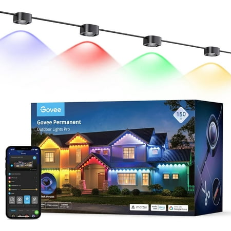 Govee Permanent Outdoor Lights Pro, 150ft with 90 RGBIC LED Lights for Daily and Accent Lighting, 75 Scene Modes for Outdoor Decor, IP67 Waterproof, Works with Alexa, Google Assistant, Matter, Black