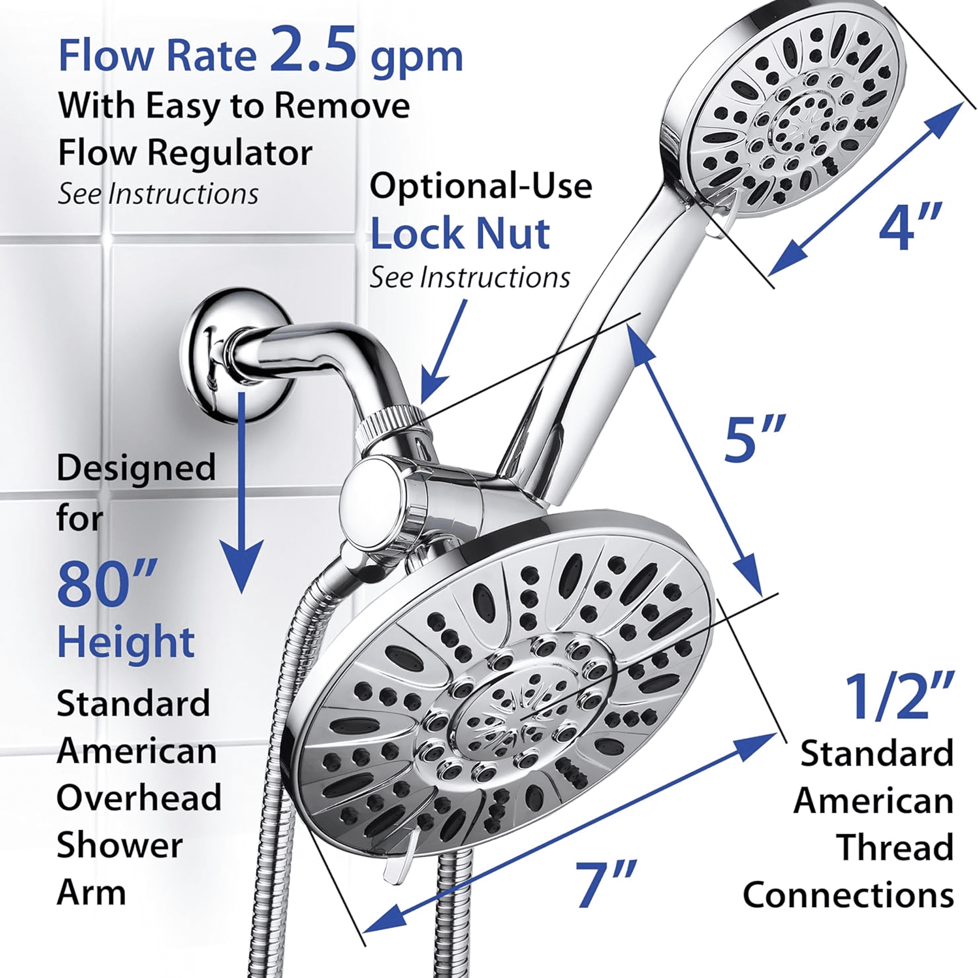 SERABETTO  Handheld showerhead with Filter,Dual 5-inch showerheads Pulsating Rain Shower Head, 7+2Mode Hand Held Shower with Hose 60in