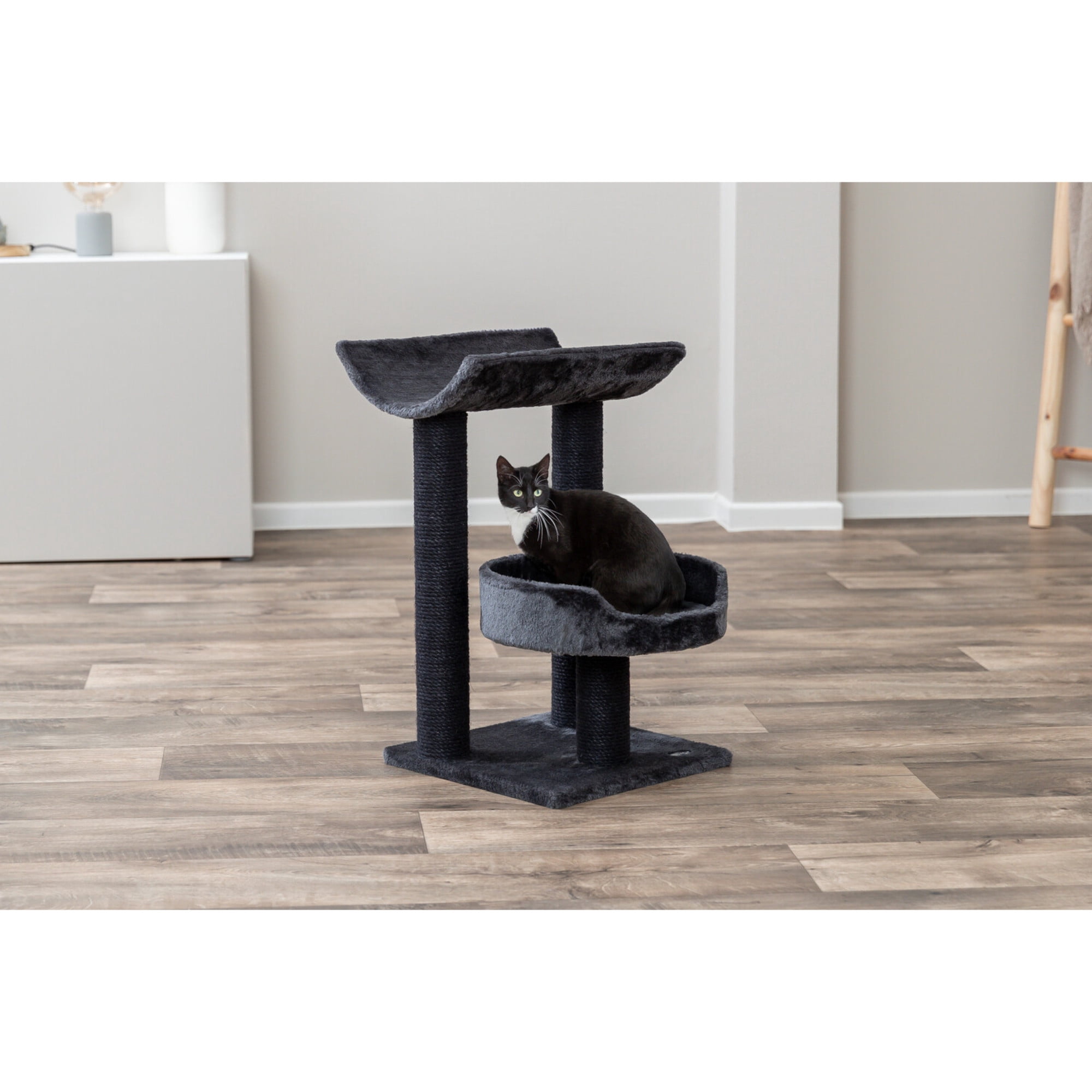 TRIXIE Isaba Plush 2-Level 24.4" Cat Tree with Sisal Scratching Posts, 2 Perch, Black/Gray