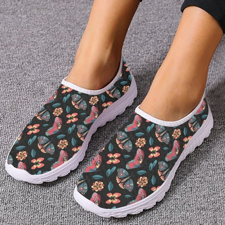 Boho Floral Designer Slip On Shoes For Women Comfortable Butterfly Printed Mesh Shoes Soft Loafers Zapatos Mujer