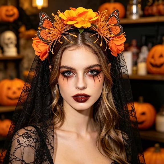 UNLLLL Halloween Large Rose Headband with Sheer Overlay, Gothic Bride Hair Accessory, Fancy Dress Costume Prop, for Themed Parties and Events (Orange)