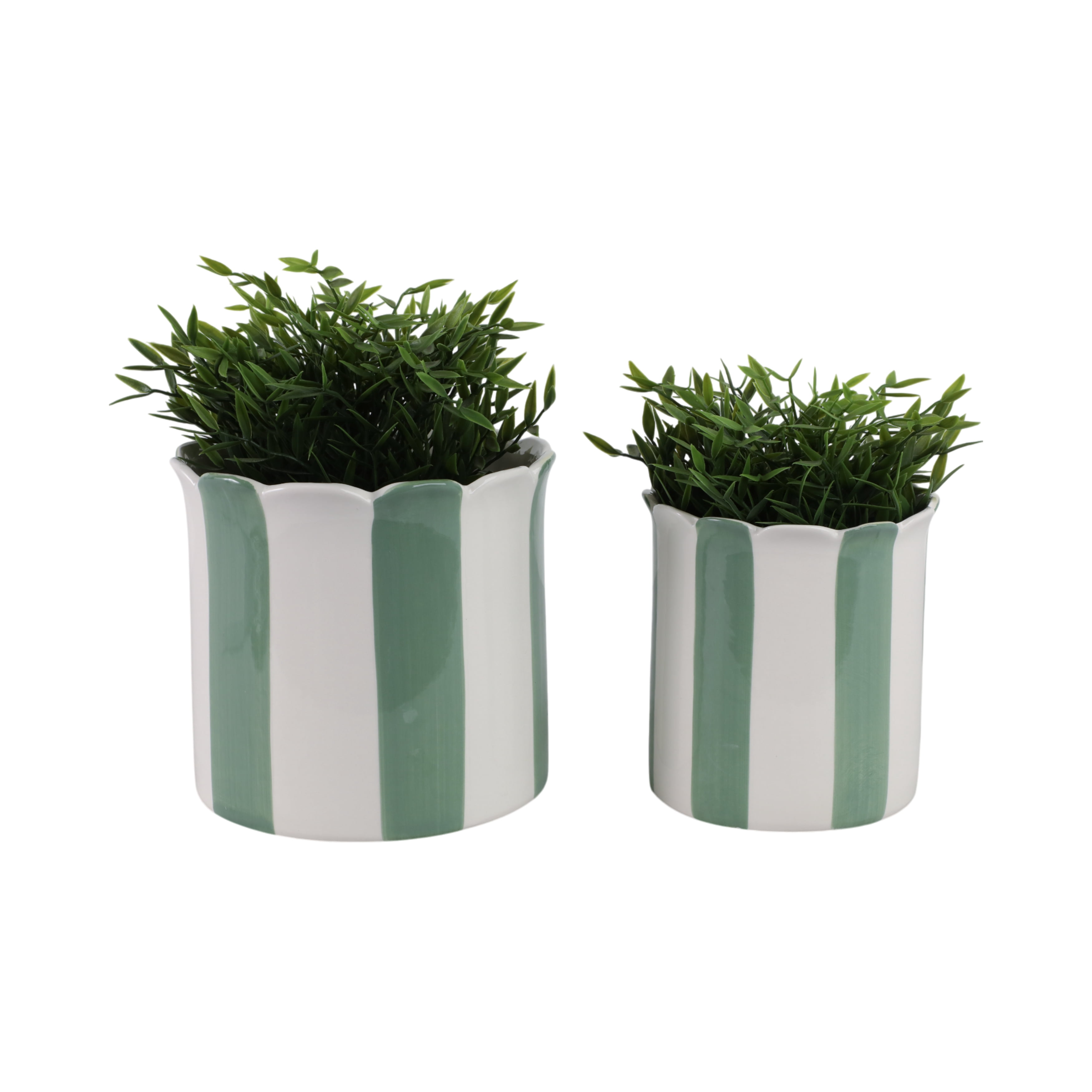 Ceramic Scalloped Striped Flower Pots for Home Decor - Decorative Planters for Indoor and Outdoor Plants - Plant Pots for Living Room and Garden Decor - Set of 2, 7", 6", Green & White