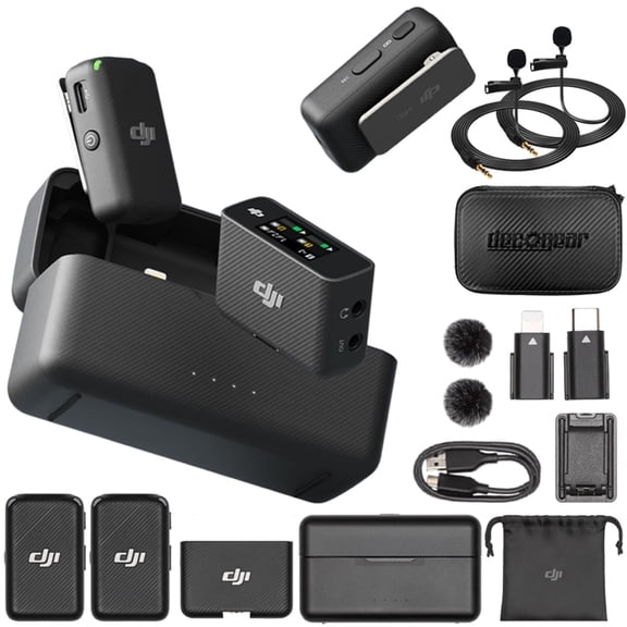 DJI Mic Wireless Microphone System and Audio Recorder Bundle with Deco Gear 7" Hard Case & Clip-On Mini Lapel Microphone x2