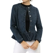 INSPIRE CHIC Women's Denim Jackets Button Down Peplum Hem Long Sleeves Cropped Jean Jackets Blue S
