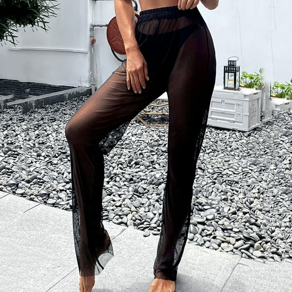 Baqcunre Swimsuit Coverup for Women, Women Mesh Ruffle Trim Cover Up Pants Beach Cover Up Beach Wrap Bikini Shiny Wraps Cover Ups for Swimwear Ruffle Pants, Swim Suits for Women 2024, Black L