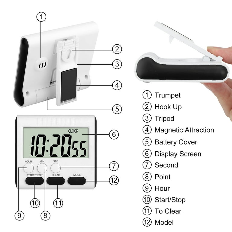 Biltek Digital Kitchen Timer Big Digits Loud Alarm Magnetic Backing Stand White