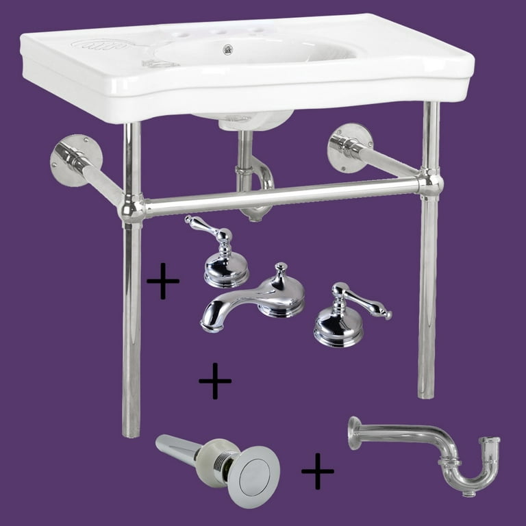 Belle Epoque Console Sink 35.5 in. White Bathroom Console Sinks with Chrome  Bistro Legs and 8 in Widespread Faucet Holes, Renovators Supply