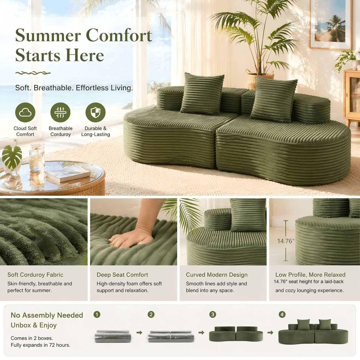 110.24 Inch Fully Compressed Sofa, Corduroy 2-Seater Couch with 2 Lumbar Pillows, Cozy Deep Seat Upholstered Cloud Sofa for Living Room Bedroom No Assembly Needed, Green