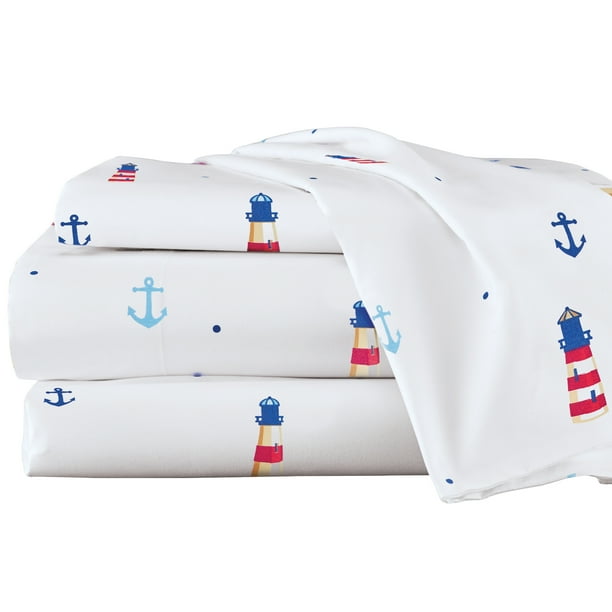 Collections Etc Nautical Lighthouses & Anchors Bed Sheet Set WHITE TWIN