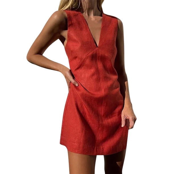 Vestido sin mangas de lino con cuello en V para mujer - Corte ajustado, color liso, falda chaleco de verano - S-XXL