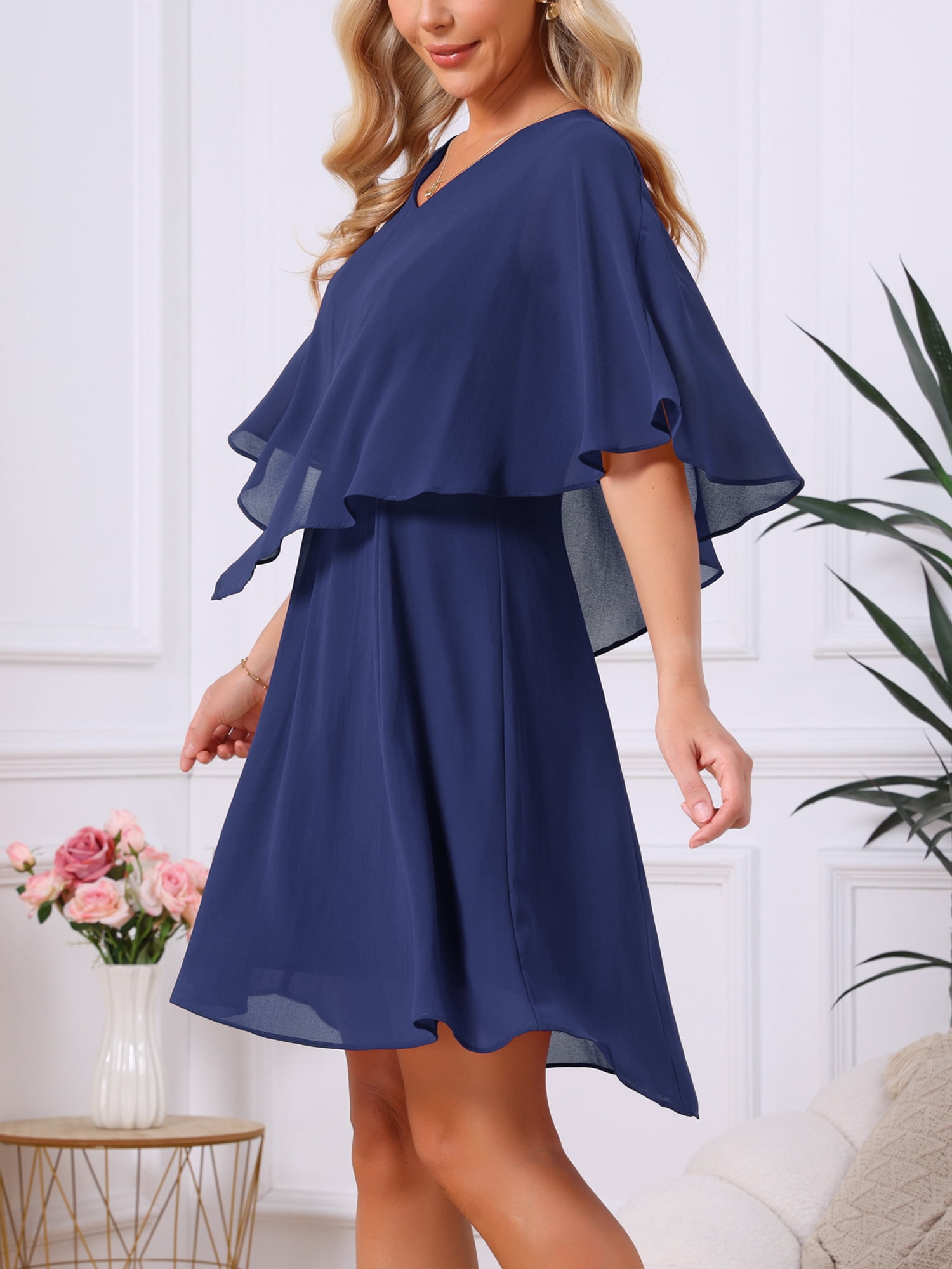 DARING DIVA Women's Chiffon Half Sleeve V Neck Wedding Guest Dress S Dark Blue