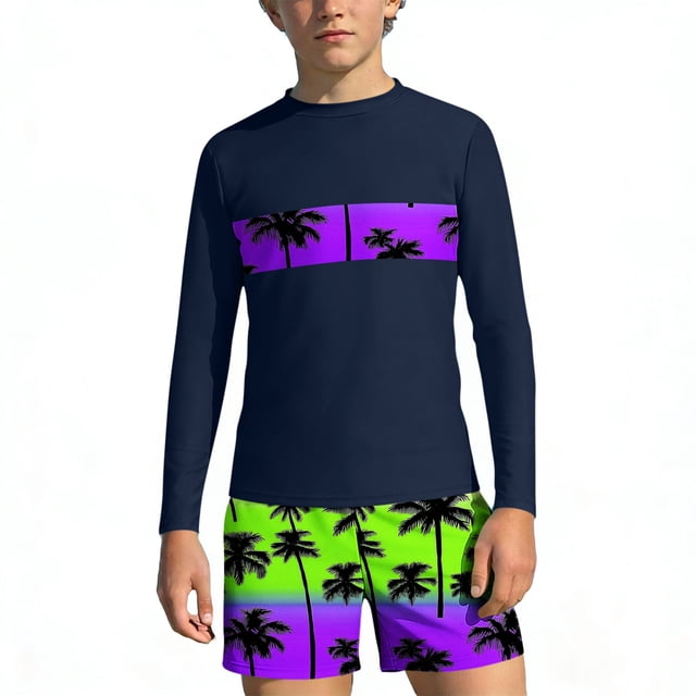 Bathing Suits for Teens Rash Guard Swimsuits Set for Boys Hawaiian Print Long Sleeve Swim Shirt with Swim Trunks Vacation Modest Two Piece Swim Set for 3-14Years
