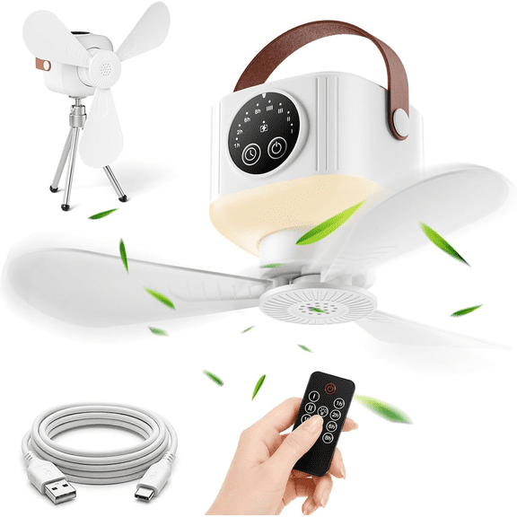 Portable Camping Ceiling Fan, LED Hanging Tent Fan With Remote&Timer, 7200mAh Rechargeable Battery,USB Rechargeable Camping Fan, 4 Speeds&Brightness for Tent,Camping,RV,Travel,BBQ,Fishing