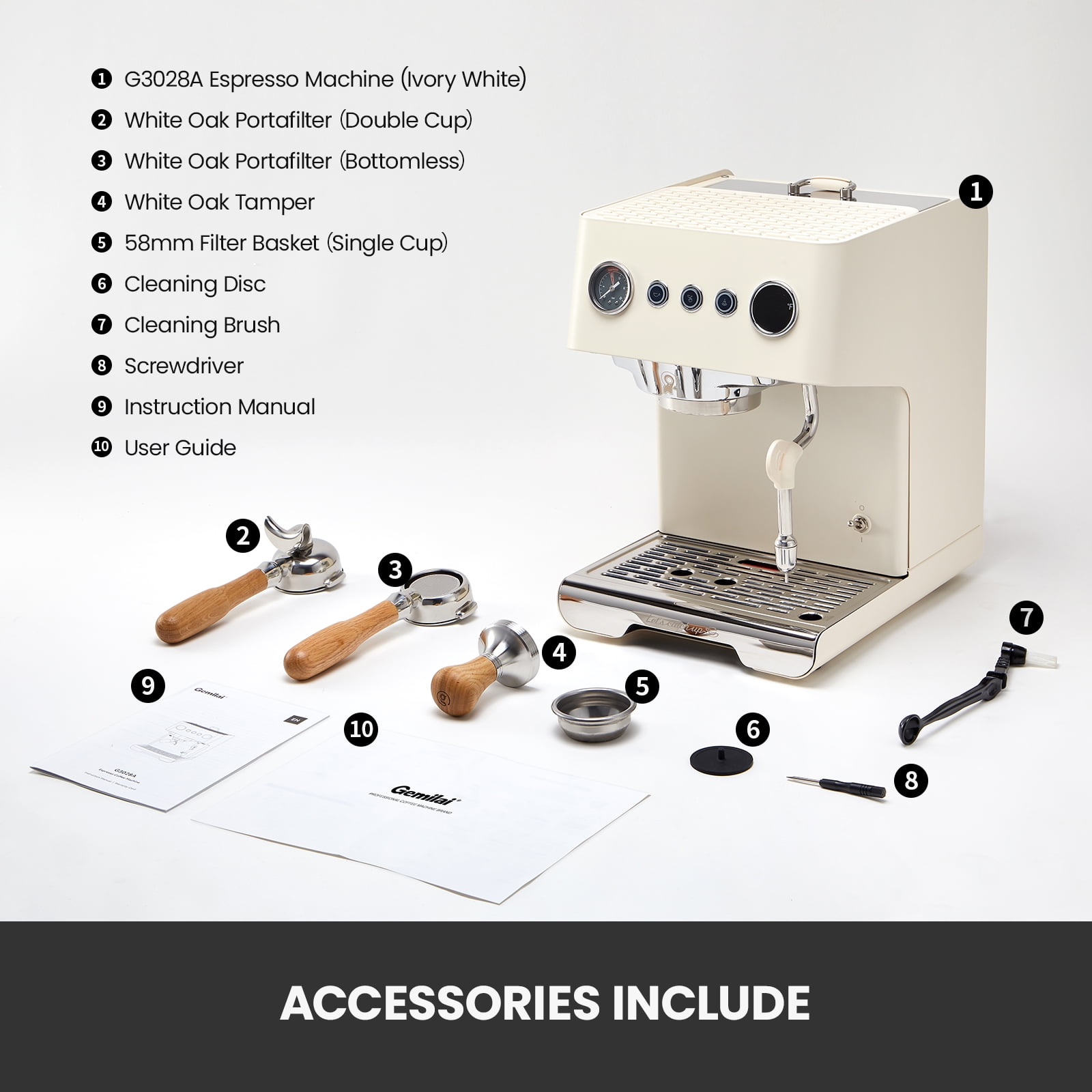 Gemilai G3028A Espresso Machine, 15 Bar Professional Coffee Maker with Adjustable OPV & Automatic Milk Frother, PID Temperature Control, 57oz Tank, 550ml Boiler for Cappuccino, White