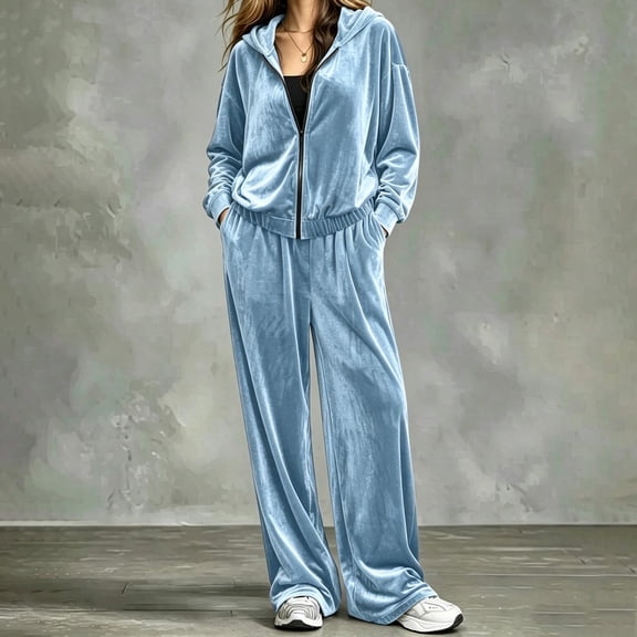 Karymi Tops for Women Trendy Velvet Two Piece Tracksuit, Zip Up Hooded Long Sleeve Jacket, Elastic Waist Wide Leg Pants, Fall Winter Casual Matching Outfit Set