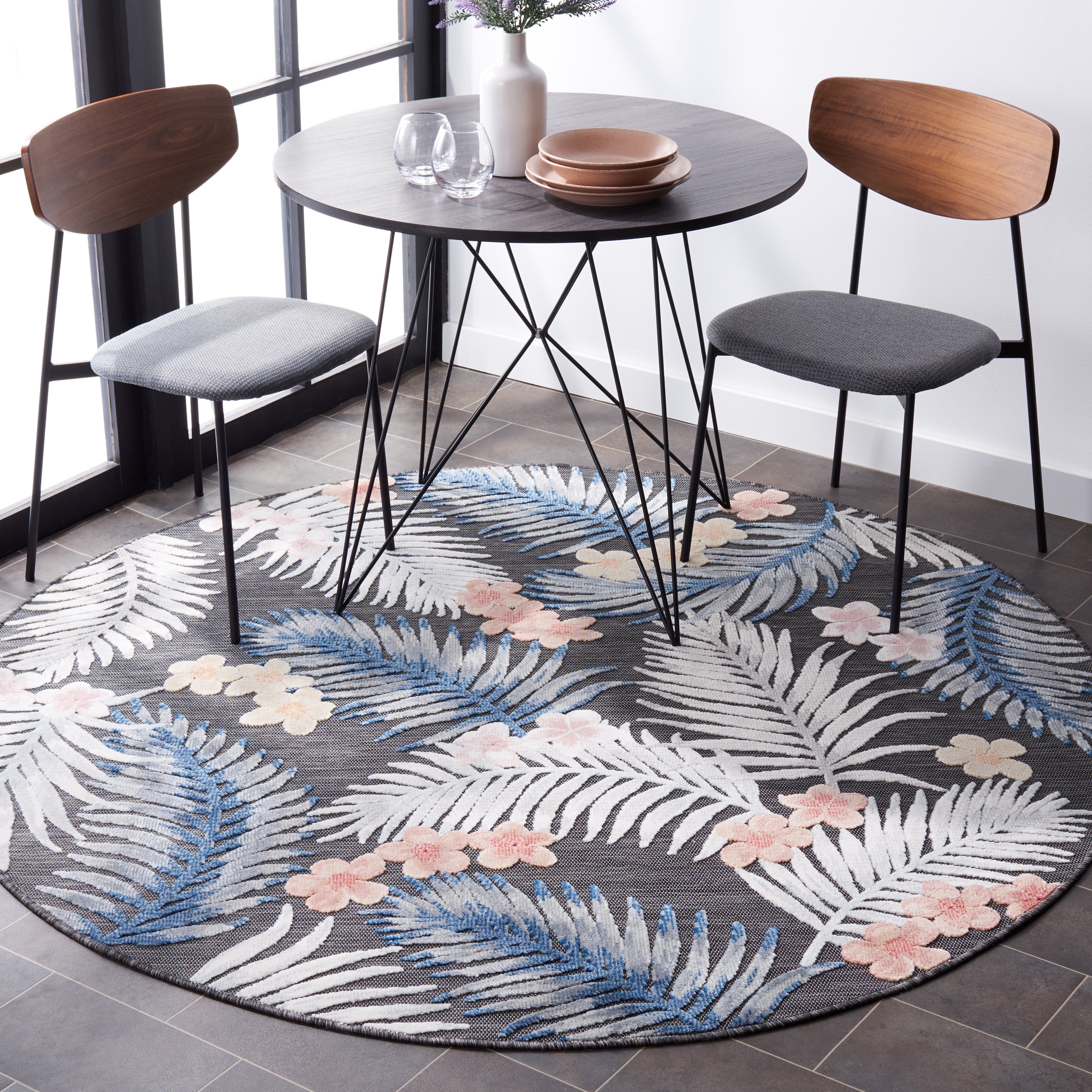 SAFAVIEH Cabana Kade Botanical Indoor/Outdoor Area Rug, Black/Rust, 6'5" x 6'5" Round