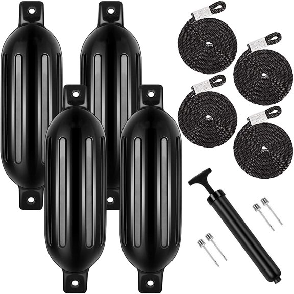 4Pcs Black Boat Fenders 6.5 by 23 Inches Vinyl Ribbed Marine Boat Bumpers