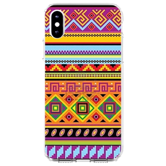DistinctInk Clear Shockproof Hybrid Case for iPhone X / XS (5.8" Screen) - TPU Bumper, Acrylic Back, Tempered Glass Screen Protector - Blue Orange Purple Tribal Print