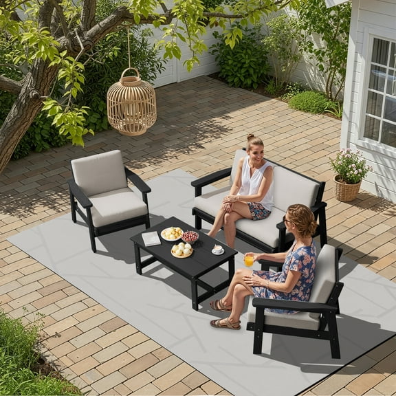 KINGYES 5PC Outdoor Conversation Set, All-Weather HDPE Patio Sofa Set with Cushions, 2 Armchairs, Loveseats & Coffee Table for Patio, Porch, Backyard, Black Frame with Khaki Cushion