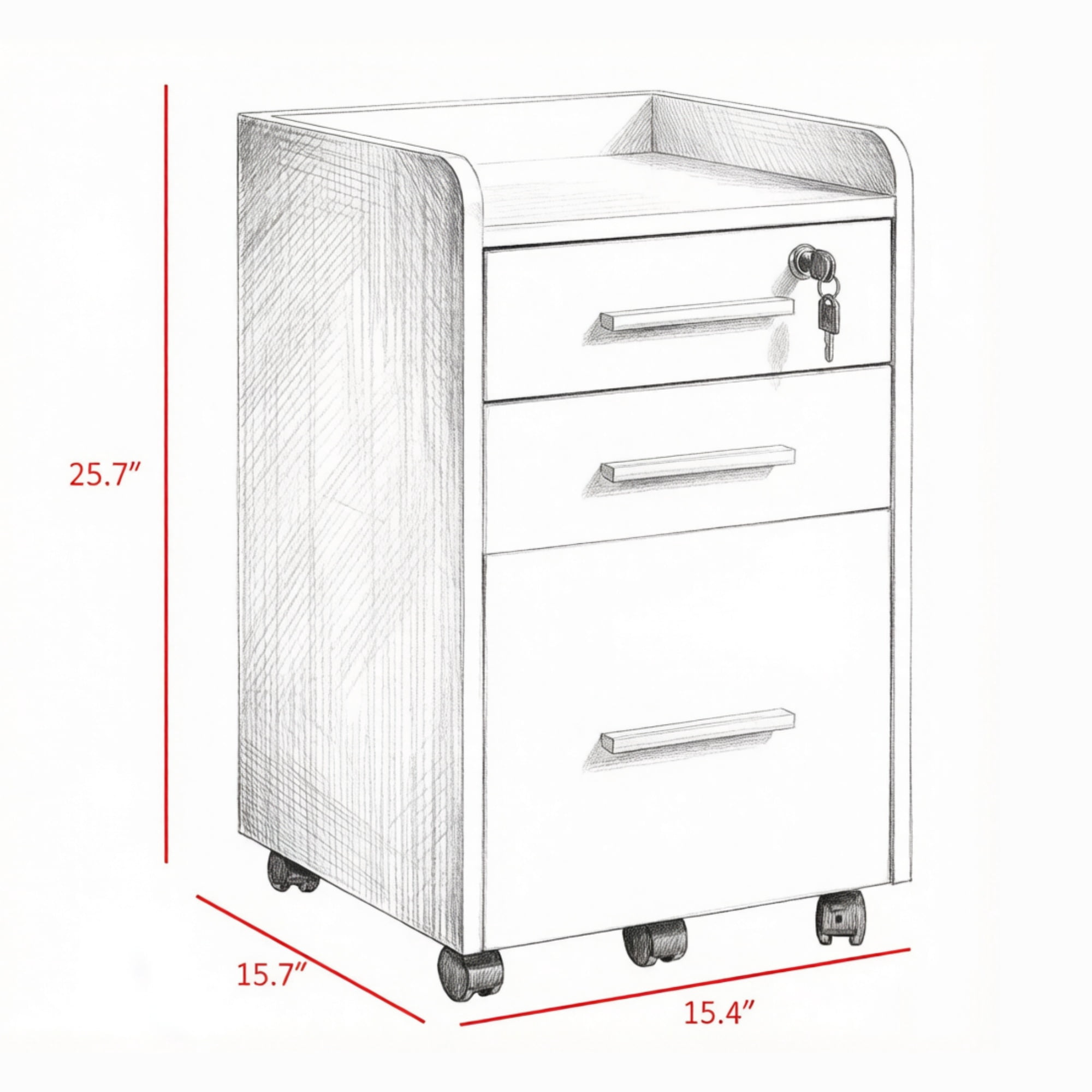 3 Drawer Mobile File Cabinet, for Office Document Organization, Lockable, Edged Top, Rolling, White