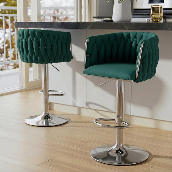 Peispie Adjustable Counter Height Bar Stools Set of 2, 360° Swivel Bar Chairs with Woven Back, Upholstered Kitchen Island Stools with Chrome Base and Footrest, Green
