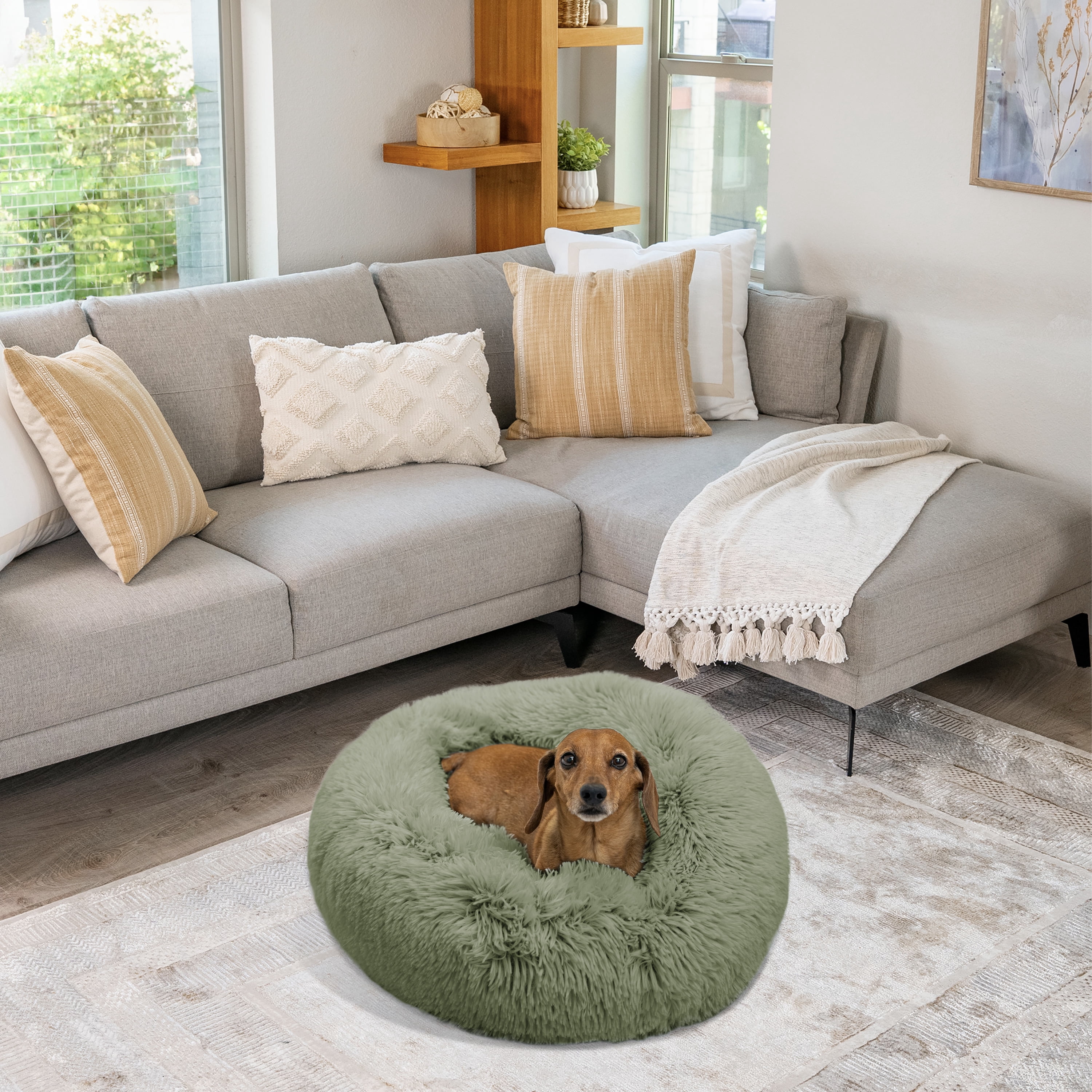 Best Friends by Sheri Original Calming Donut Dog and Cat Bed, Shag Faux Fur, Sage Green, (23in x 23in) - Anxiety Relief for Pets Up to 25 lbs