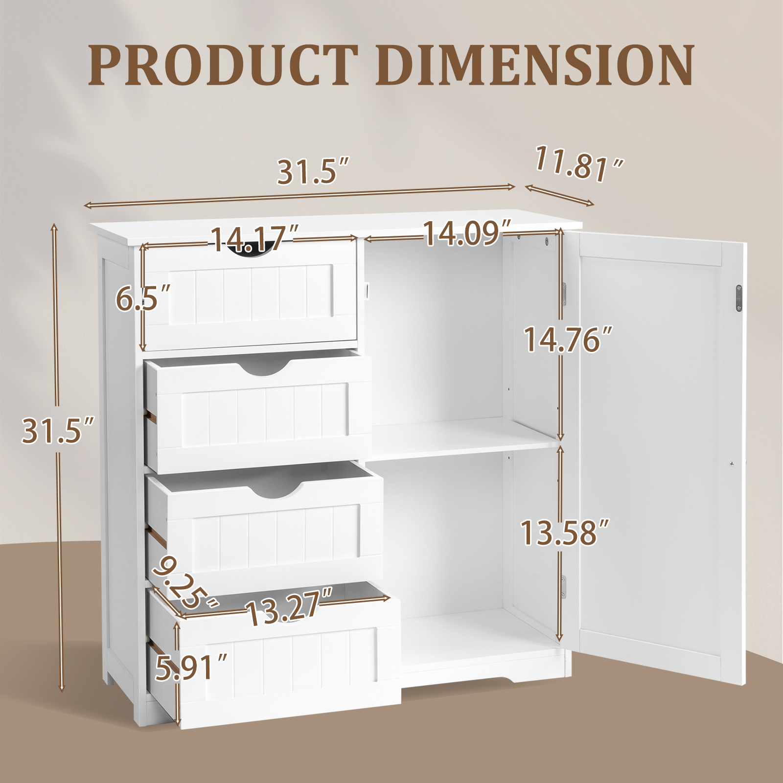 Ktaxon Larger Wooden Bathroom Floor Cabinet, Side Storage Organizer with 4 Drawers, 1 Cupboard & 2-Shelves, White