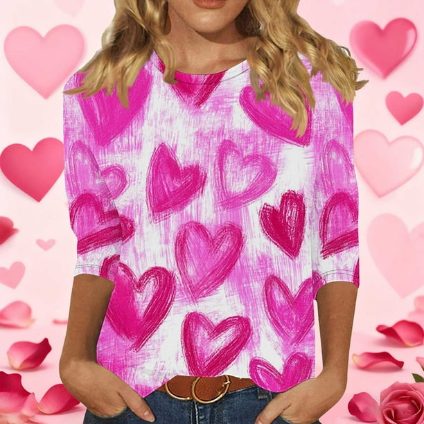 RKSTN Valentines 3/4 Sleeve Tops for Women Oversized Crewneck Valentine's Day Graphic Printed Short Sleeve T Shirt Womens Casual Round Neck Loose Comfy Loves Heart Print Three Quarter Sleeve Shirts