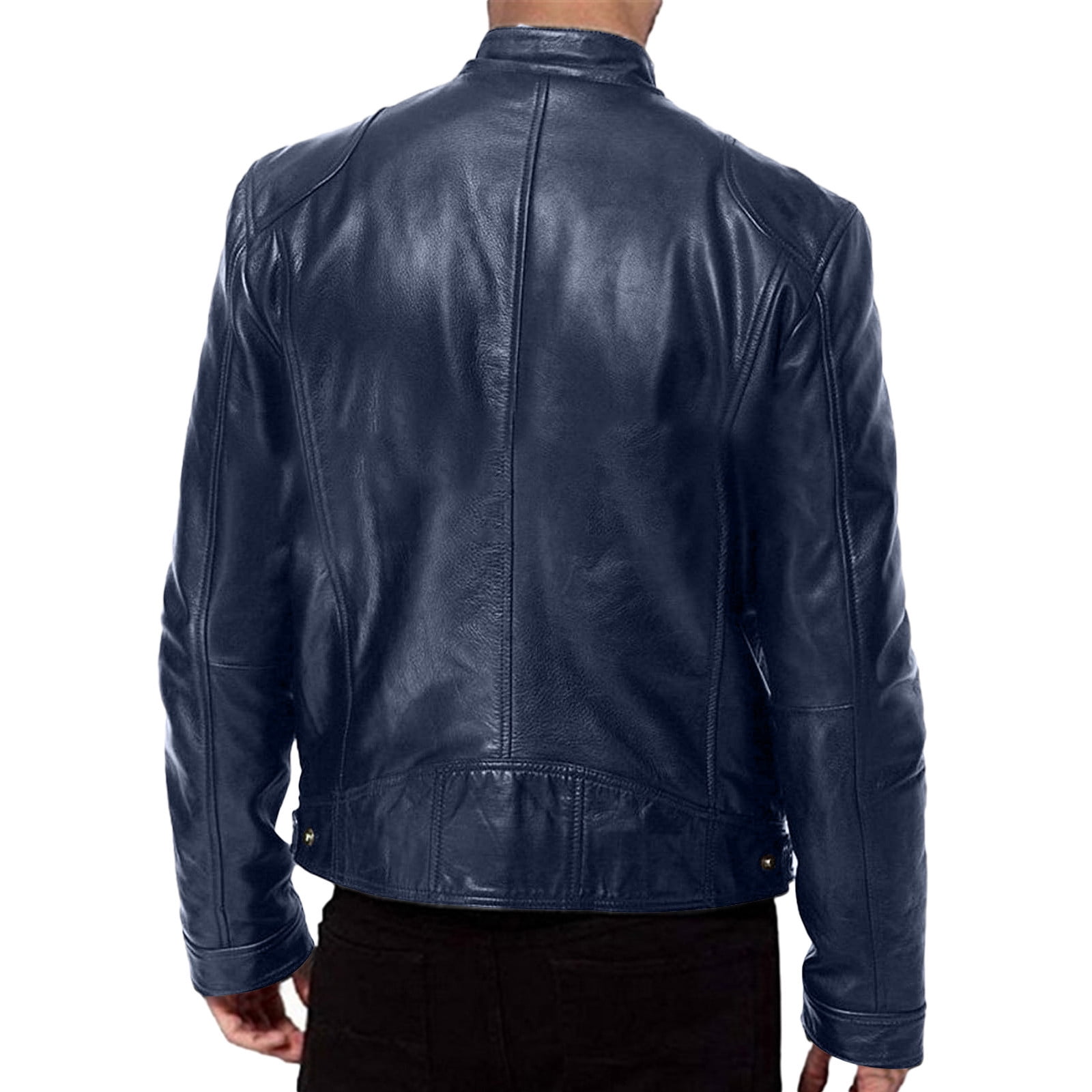 Mens Retro Faux Leather Jacket Varsity Baseball Bomber Jacket Zip Up Fall Winter Tops Blue XXXXXL