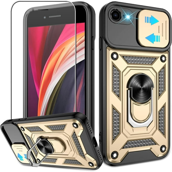 for iPhone SE 2020/2022,iPhone 7/8 Case with HD Screen Protector, Heavy Duty Shockproof with Metal Kickstand [Military Grade] Protective Case for iPhone SE 2020/2022/8/7, Gold