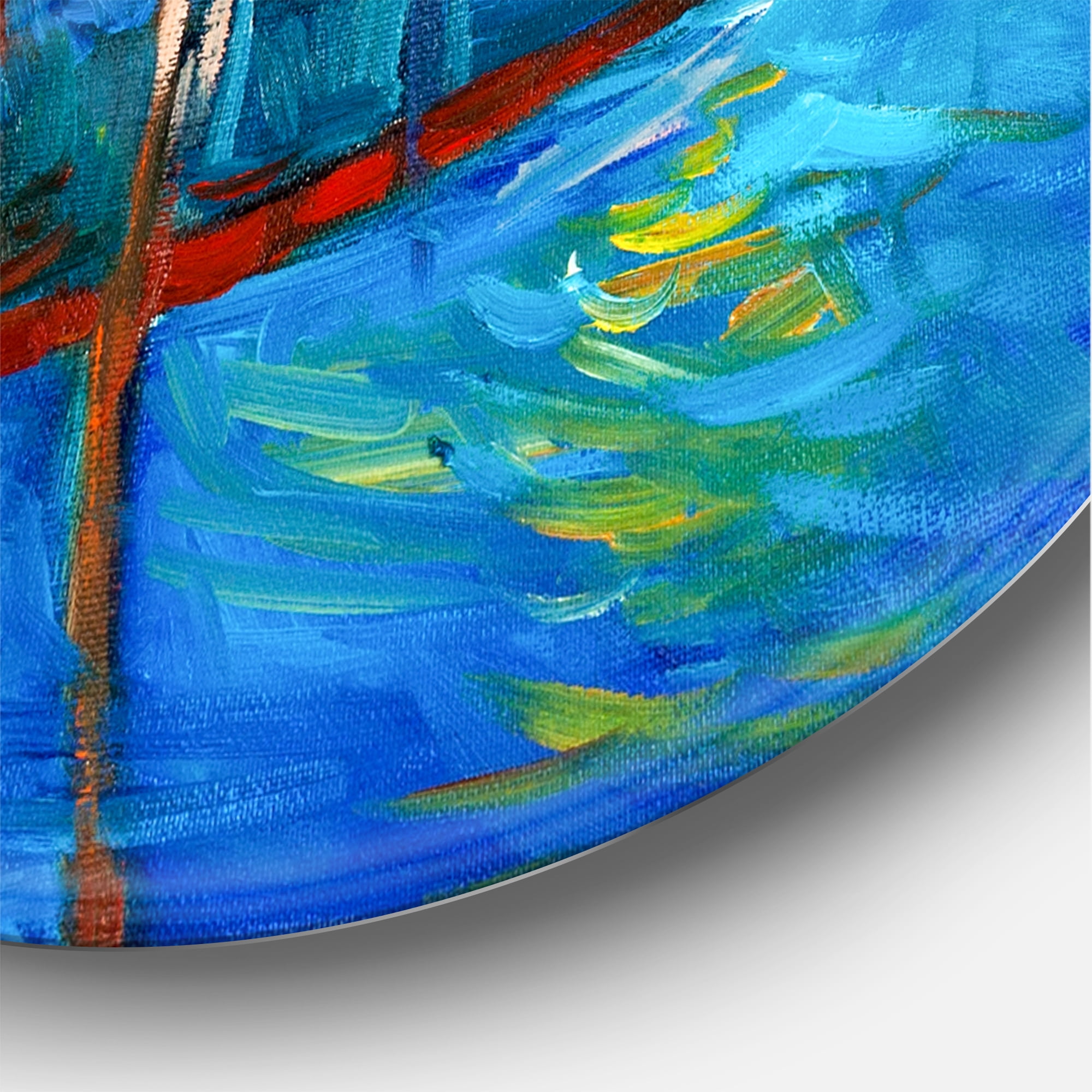 Designart 'Boat At The Lake During Evening Glow III' Nautical & Coastal Circle Metal Wall Art 36x36 - Disc of 36