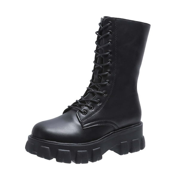 jovati Womens Round Toe Platform Boots With Lace-up Motorcycle Boots Mid-tube Boots Ladies Fashion Increased Comfy Shoes
