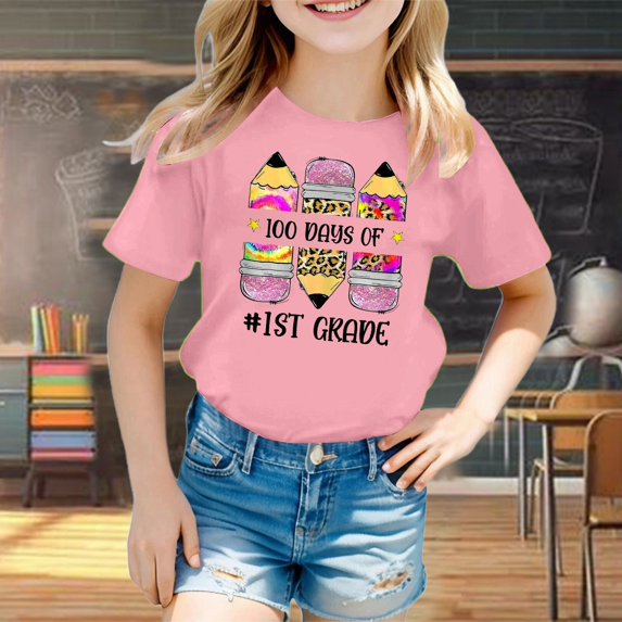 Boys Girls Short Sleeve Shirts Casual Print Girls Tops Size 14 Crewneck Loose Fit Shirts Basic Cotton Shirts Graphic Tees Size 6-7 Years,1-Pink