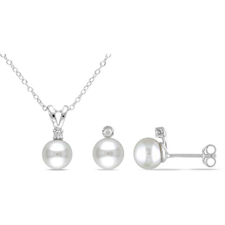 Miabella 7-7.5mm White Round Cultured Freshwater Pearl and Diamond-Accent Sterling Silver Set of Necklace and Stud Earrings, 18