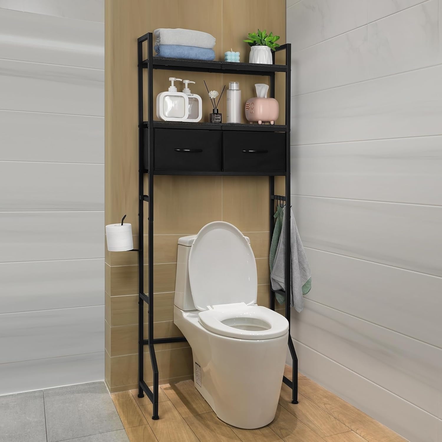 3-Tier Over Toilet Shelf with Storage Baskets,Over The Toilet Storage Cabinet, 3-Tier Bathroom Organizer with Fabric Drawers & Hooks, Freestanding Shelf for Bathroom and Laundry Room