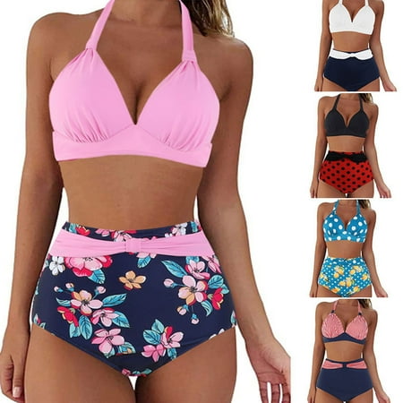 Guiexla 2Pcs/Set Halter Backless Lace-up Bikini Set Dot Print Bra High Waist Briefs Swimwear Beachwear