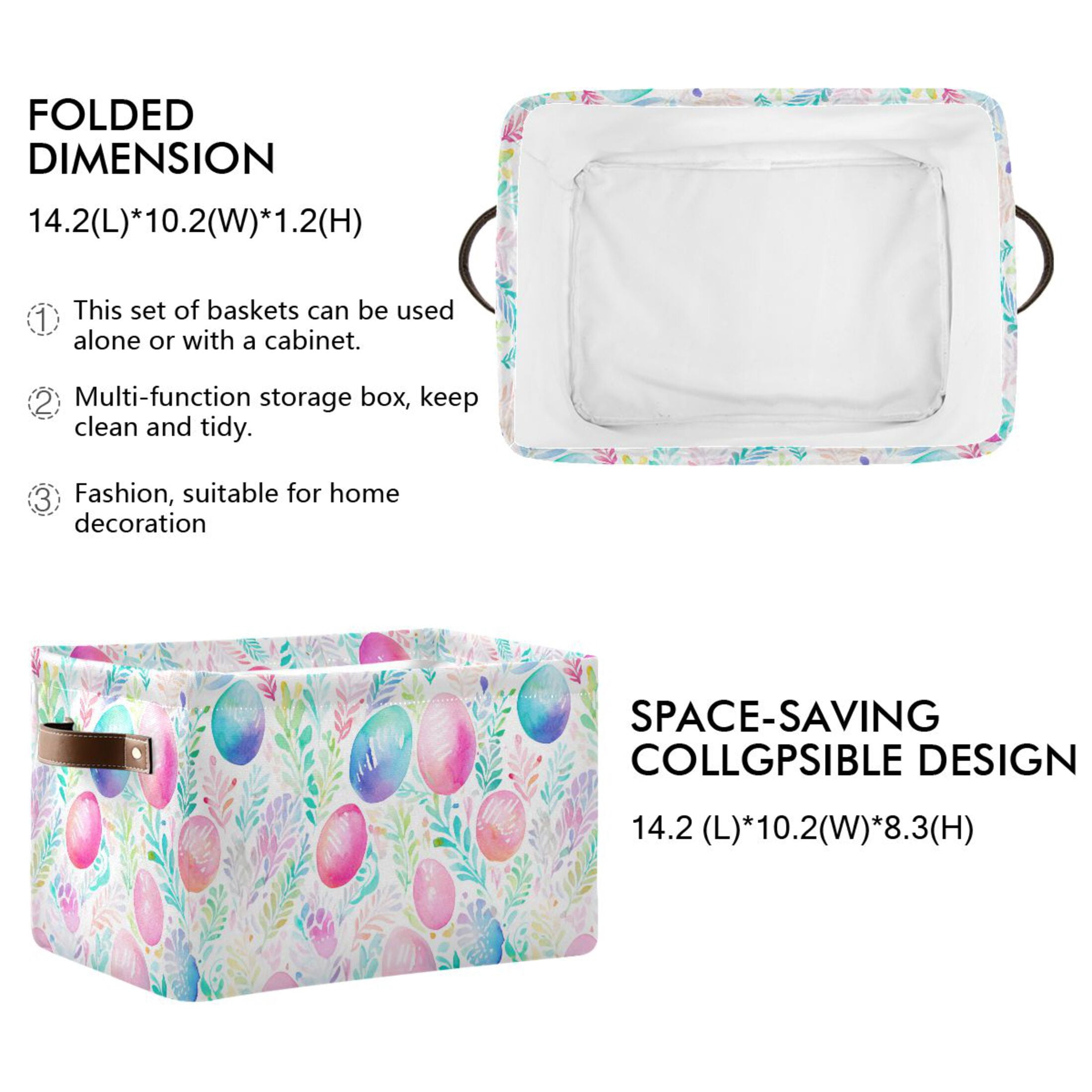 Easter Eggs and Leaf Storage Bins with Handle Fabric Organizer Basket Foldable Box 2 Pack 14.2x10.2x8.3