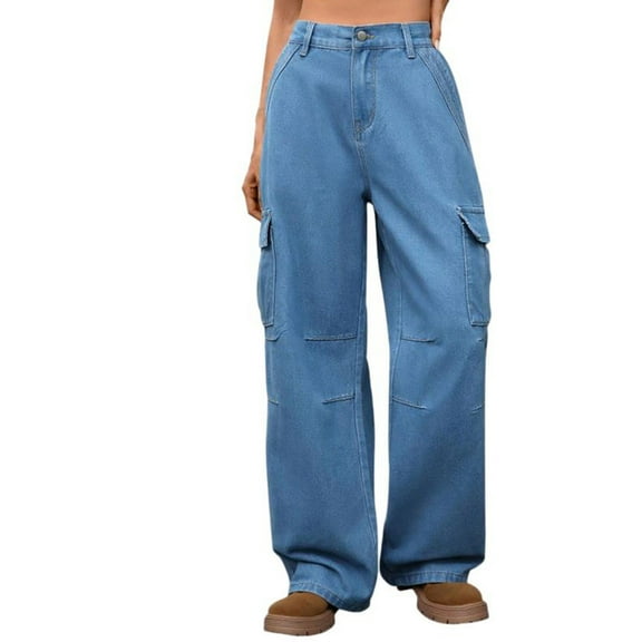 CFMDUC Womens Cargo Jeans High Waisted Straight Wide Leg Denim Pants Casual Baggy Lightweight Pull On Trousers with Pockets Blue S