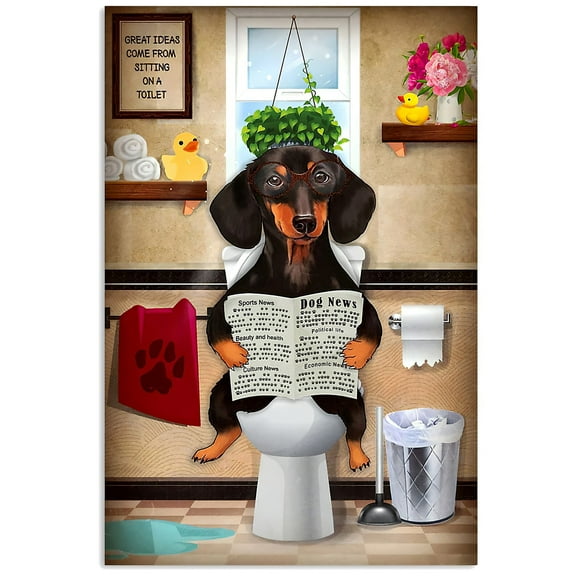 Dachshund Puppy Sitting On A Toilet Vertical Poster, Dachshund Restroom Poster, Dachshund Toilet Poster, Painting Art, Dining Room Wall Decor Ideas, Art Deco Frameless 20x30inch