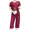 thumbnail image 2 of Summer Women Pajamas O Neck Floral Print Short Sleeve T-shirt Pants Loose Outfit for Middle-aged, 2 of 7