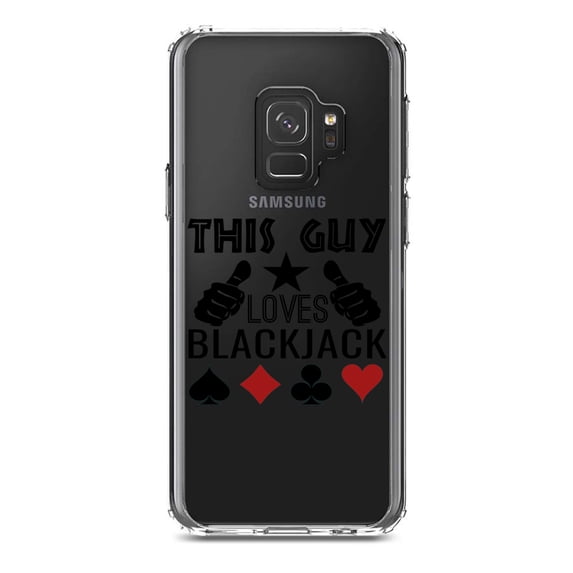 DistinctInk Clear Shockproof Hybrid Case for Samsung Galaxy S9 (5.8" Screen) - TPU Bumper Acrylic Back Tempered Glass Screen Protector - This Guy Loves Blackjack