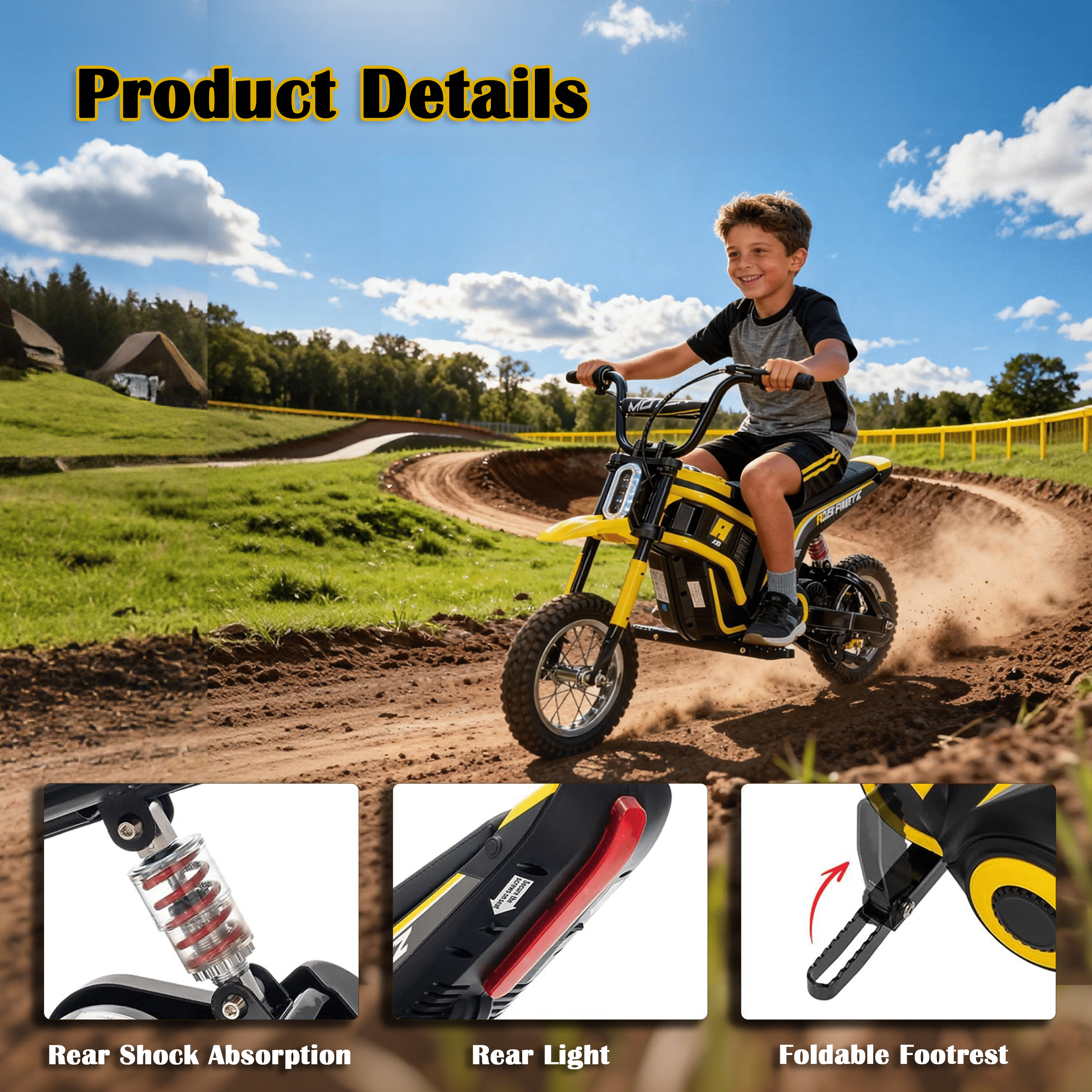 Kids Electric Dirt Bike with LED Safety Lights, 15 MPH Max, 3-Speed Parent Control, 24V Motorcycle, Durable 250W Gear-Safe Motor, Yellow
