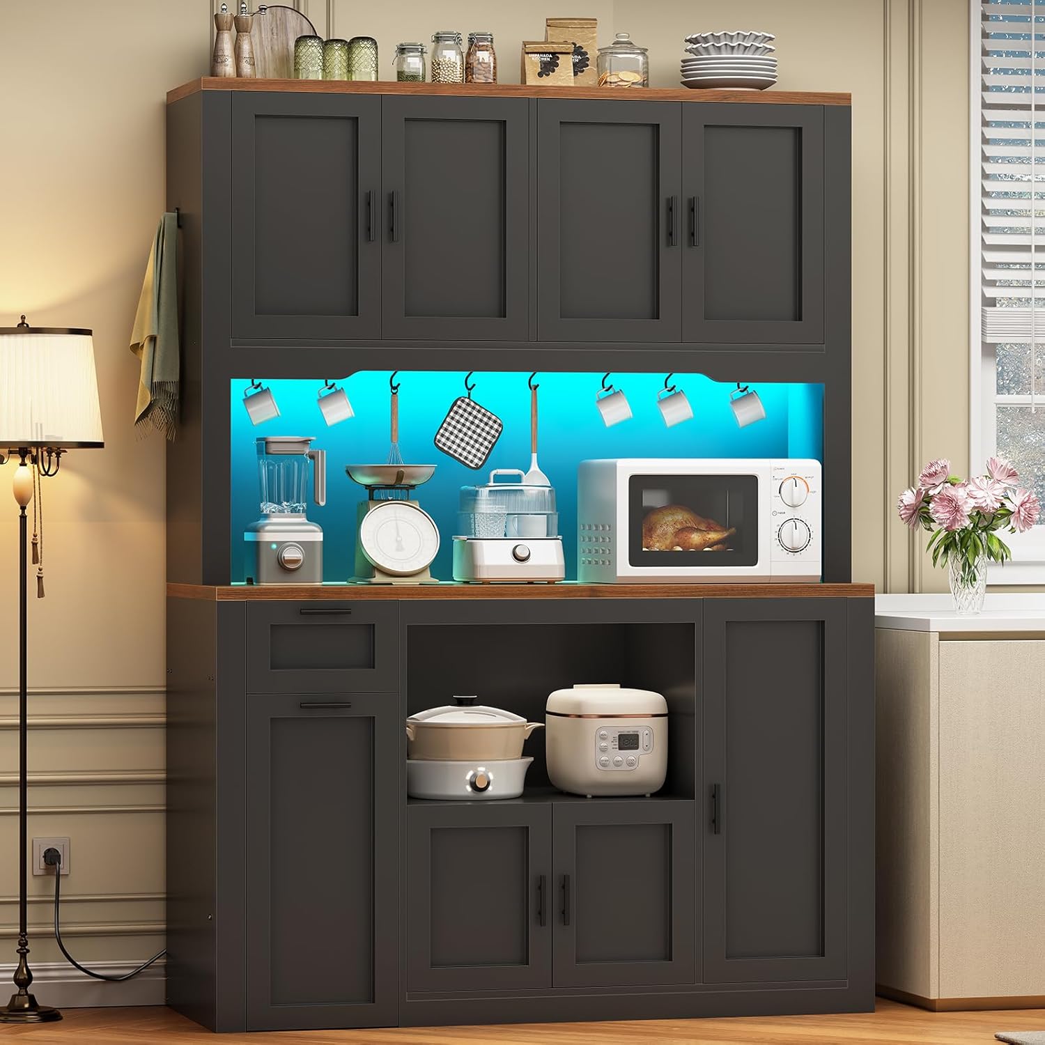 Farmhouse Pantry Cabinet, Tall Kitchen Pantry Storage Cabinet with Power Outlets & Microwave Stand, 47.3" Wide Large Kitchen Cabinet with Drawer, Storage Cart & 3 Door Shelves for Dining Room, Black